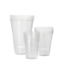 Plastic cups on white background