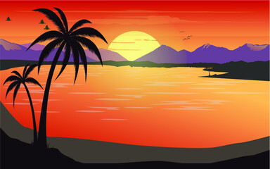 beautiful sunrise from the mountains on the lake view vector design