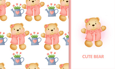  seamless pattern sweet teddy bear and greeting card in water color iillustration.