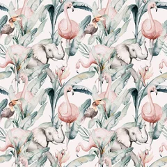 Fototapete Flamingo Tropisches nahtloses Muster mit Flamingo. Aquarell tropische Zeichnung, Rosenvogel und grüne Palme, tropische grüne Textur, exotische Blume