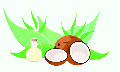 Coconut, coconut oil on a background of green leaves