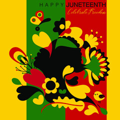 Vector illustration on Happy Juneteenth in abstract colorful floral designs and a black woman on a red green and black background flag colors of Africa