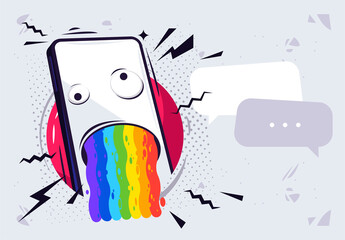 Vector illustration of a fictional character mobile phone, the character barf rainbows in the clouds to chat