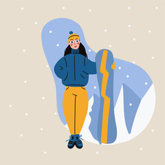 Cartoon cute girl with snowboard trendy style vector illustration