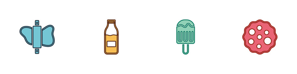 Set Rolling pin on dough, Bottle with milk, Ice cream and Cookie or biscuit icon. Vector.