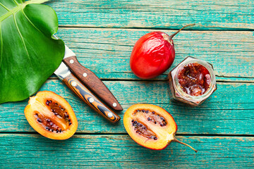 Jar of tamarillo jam.