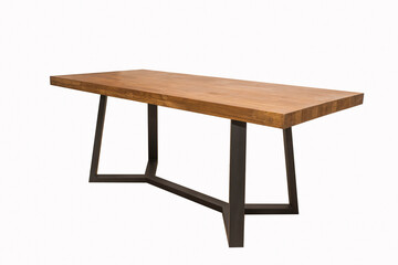 wooden lacquered table with black metal legs on white background standing at an angle of 45 degrees