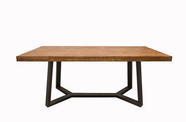 wooden lacquered table with black metal legs on white backgroun