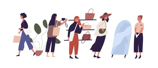 Women shopping in retail bag store choosing handbags with help of saleswoman or consultant. Colored flat vector illustration of buyers and seller in fashion showroom isolated on white background