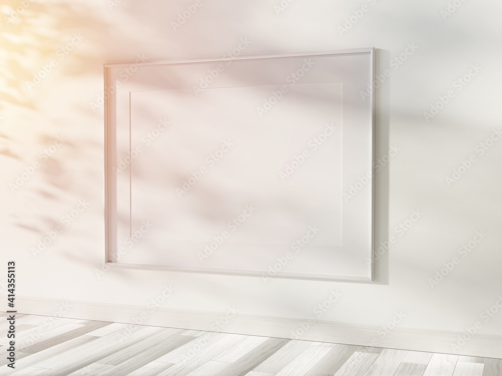 Poster white frame hanging in bright interior mockup. template of a picture framed on a wall 3d rendering
