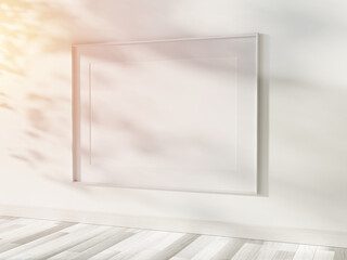 White frame hanging in bright interior mockup. Template of a picture framed on a wall 3D rendering