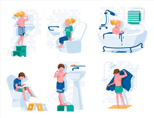 Children in bathroom set. Preteen boys and girls taking bath, brushing teeth, sitting on toilet. Hygiene and daily routine concept cartoon style vector illustration