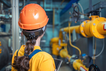 A female engineer in uniform and a protective helmet, holding a tablet and conducting an inspection of the equipment. The view from the back. The concept of industrial production