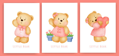 Cute teddy beargreeting card set in water color .