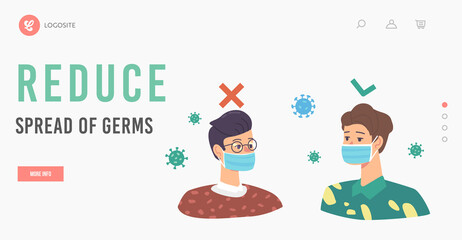 Reduce Spread of Germs Landing Page Template. Wrong and Correct Way to Wear Facial Mask. Protecting from Coronavirus