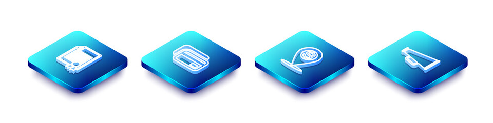 Set Isometric line Certificate template, Credit card, Cash location pin and Megaphone icon. Vector.