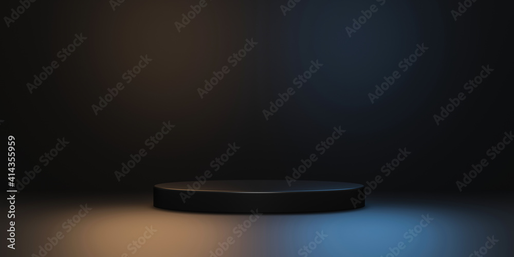 Aufkleber black product background stand or podium pedestal on advertising neon light display with blank backd