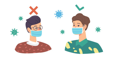 Wrong and Correct Way to Wear Protective Facial Mask. Male Characters Protecting from Dust or Coronavirus Cells