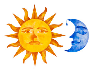 Sun with an open eyes and Moon with closed. Watercolor illustration with two design element. Isolated image on white background.