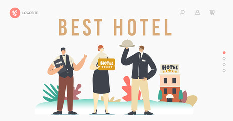 Five Stars Hotel, Hospitality Service Landing Page Template. Staff Receptionist, Waiter with Menu Meeting Tourists