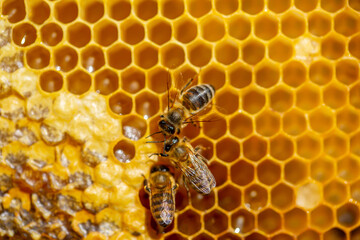 Beautiful honeycomb with bees close-up. A swarm of bees crawls through the combs collecting honey....