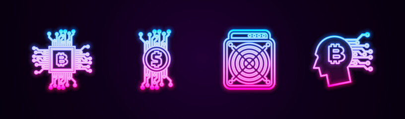 Set line CPU mining farm, Cryptocurrency bitcoin circuit, ASIC Miner and Bitcoin think. Glowing neon icon. Vector.