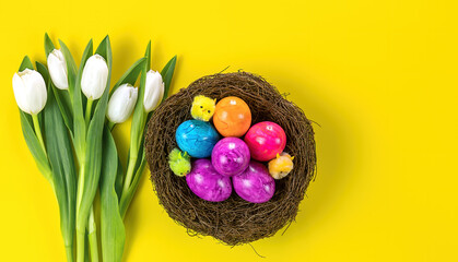 Easter colored eggs in nest and white tulips. Holiday concept.