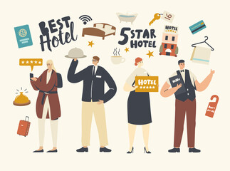 Five Stars Hotel Service Concept. Hospitality Staff Characters Meeting Tourist in Top Quality Luxury Hotel. Receptionist