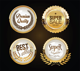 Collection of golden badges labels laurels and ribbons 