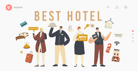 Best Hotel Five Stars Service Landing Page Template. Hospitality Staff Meeting Tourists in Top Quality Luxury Hotel