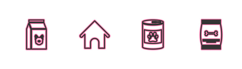 Set line Bag of food for dog, Canned, Dog house and pet icon. Vector.