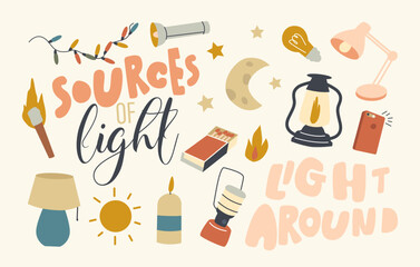 Set of Icons Sources of Light Theme. Sun Shining, Torch and Burning Candle, Table Lamp, Smartphone and Flashlight