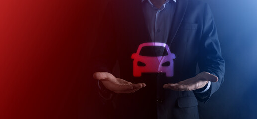 Digital composite of Man holding car icon.Car automobile insurance and car services concept....