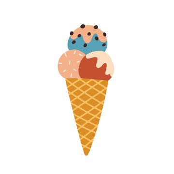 Waffle cone with three scoops of ice cream with different flavors. Colorful icecream balls with sprinkling. Colored flat vector illustration isolated on white background