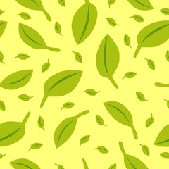 Seamless pattern with green leaves. Yellow background. Autumn, spring or summer. Nature and ecology. For packaging design and wrapping paper. For wallpaper, scrapbooking, textile and post cards