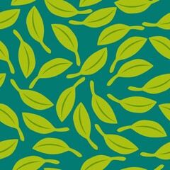 Seamless pattern with green leaves. Dark green background. Autumn, spring or summer. Nature and ecology. For packaging design and wrapping paper. For wallpaper, scrapbooking, textile and post cards