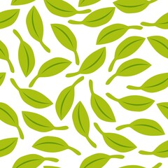 Seamless pattern with green leaves. White background. Autumn, spring or summer. Nature and ecology. For packaging design and wrapping paper. For wallpaper, scrapbooking, textile and post cards