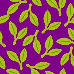 Seamless pattern with green doudle leaves. Violet background. Autumn, spring or summer. Nature and ecology. For packaging design and wrapping paper. For wallpaper, scrapbooking, textile and post cards