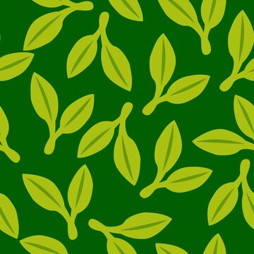 Seamless pattern with green doudle leaves. Green background. Autumn, spring or summer. Nature and ecology. For packaging design and wrapping paper. For wallpaper, scrapbooking, textile and post cards