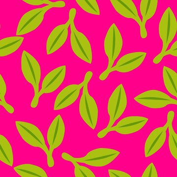 Seamless pattern with green doudle leaves. Pink background. Autumn, spring or summer. Nature and ecology. For packaging design and wrapping paper. For wallpaper, scrapbooking, textile and post cards