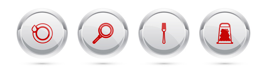 Set line Washing dishes, Frying pan, Fork and Grater. Silver circle button. Vector.