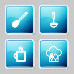 Set line Kitchen whisk, ladle, Coffee cup and Chef hat with fork and spoon icon. Vector.