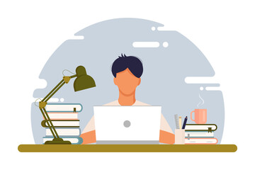 Home office concept, man working from home, student or freelancer. Coworking. Cute vector illustration in flat style. Online study, education.