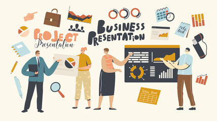 Business Presentation, Consulting. Company Leader or Coach Character Pointing on Charts and Graphs to Employees