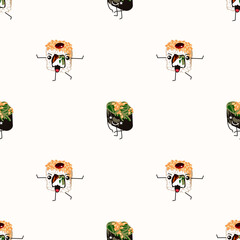 Fototapeta premium Funny sushi emojis seamless pattern. Traditional Asian seafood cute characters endless texture for background, wallpaper, packaging, textile design cartoon vector illustration