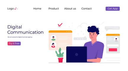Man working on the project. Business topic, social media network and digital communication concept, landing web page template for report, flyer, leaflet, advertising, brochure. Trendy vector style