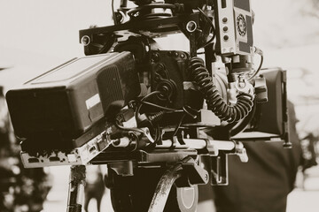 Film industry. Image of professional camera and equipment background