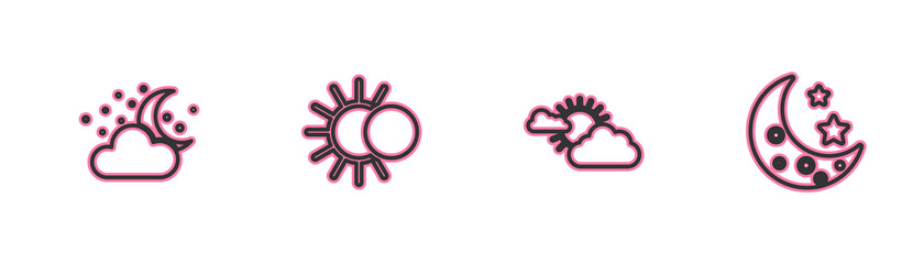 Set line Cloud with moon and stars, Sun cloud weather, Eclipse of sun and Moon icon. Vector.