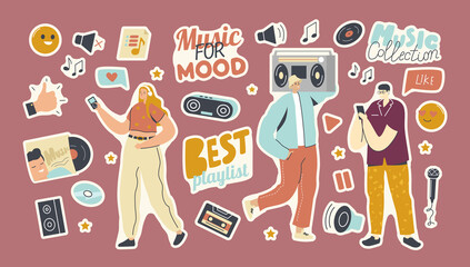Set of Stickers Playlist for Music Collection Theme. People with Player, Thumb Up, Vinyl and Cd Disk, Dynamics or Player