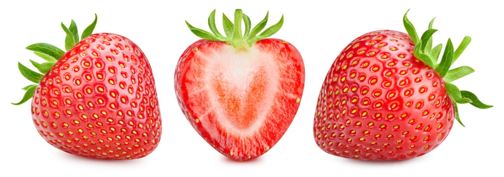 Whole Strawberry And Half On White Isolated